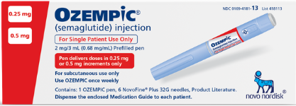Ozempic (GLP-1)(Semaglutide) 0.25 mg or 0.5 mg dose) 2 mg/3 mL subcutaneous pen injector-6 pen needles included