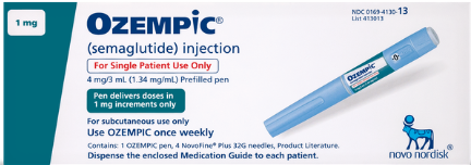 Ozempic 1 mg dose (GLP-1)(Semaglutide) (4 mg/3 mL subcutaneous pen injector)-4 needles included