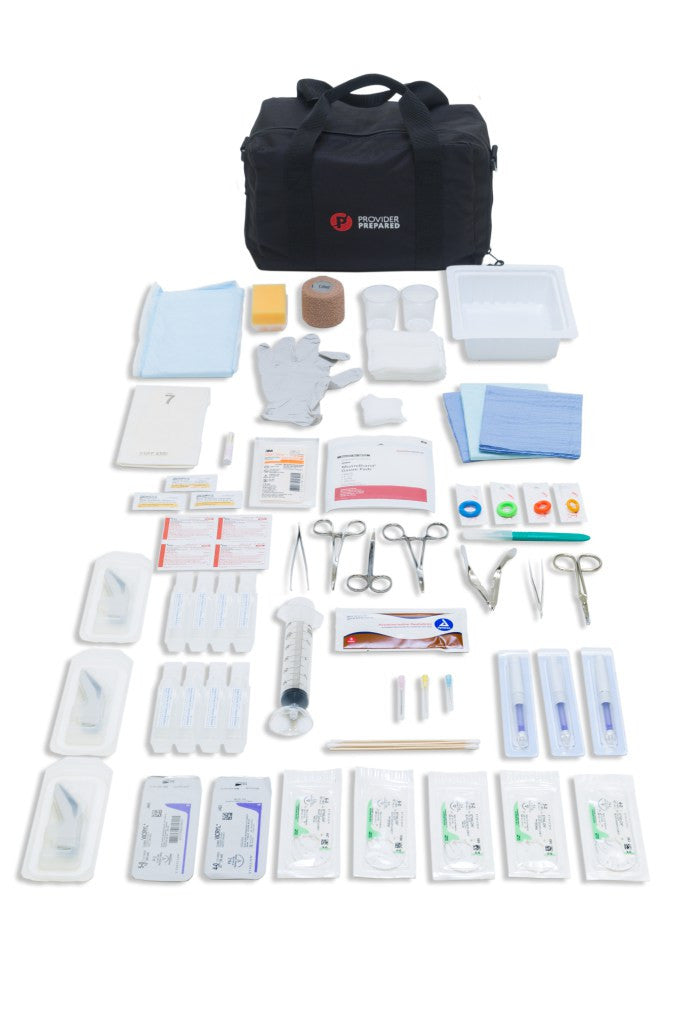 Sutures, Dermabond, Steri-strips, suture tray, laceration tray, needles, drapes, syringe, gauze, suturing instruments, needle driver, forceps, suture scissors, stapler, staple remover