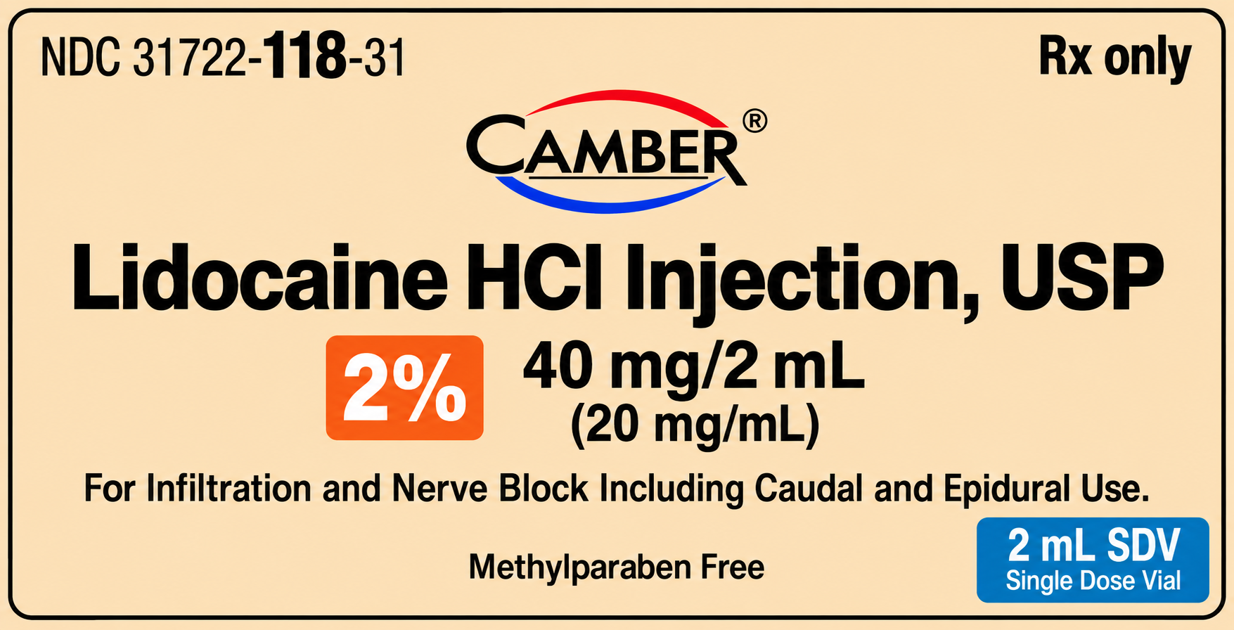(Xylocaine) Lidocaine HCl Injection 2% Preservative Free  (40mg/2ml/20mg/1mL)- #2ml SDV (NDC-31722-0118-31) lLOT# AS125035OA)