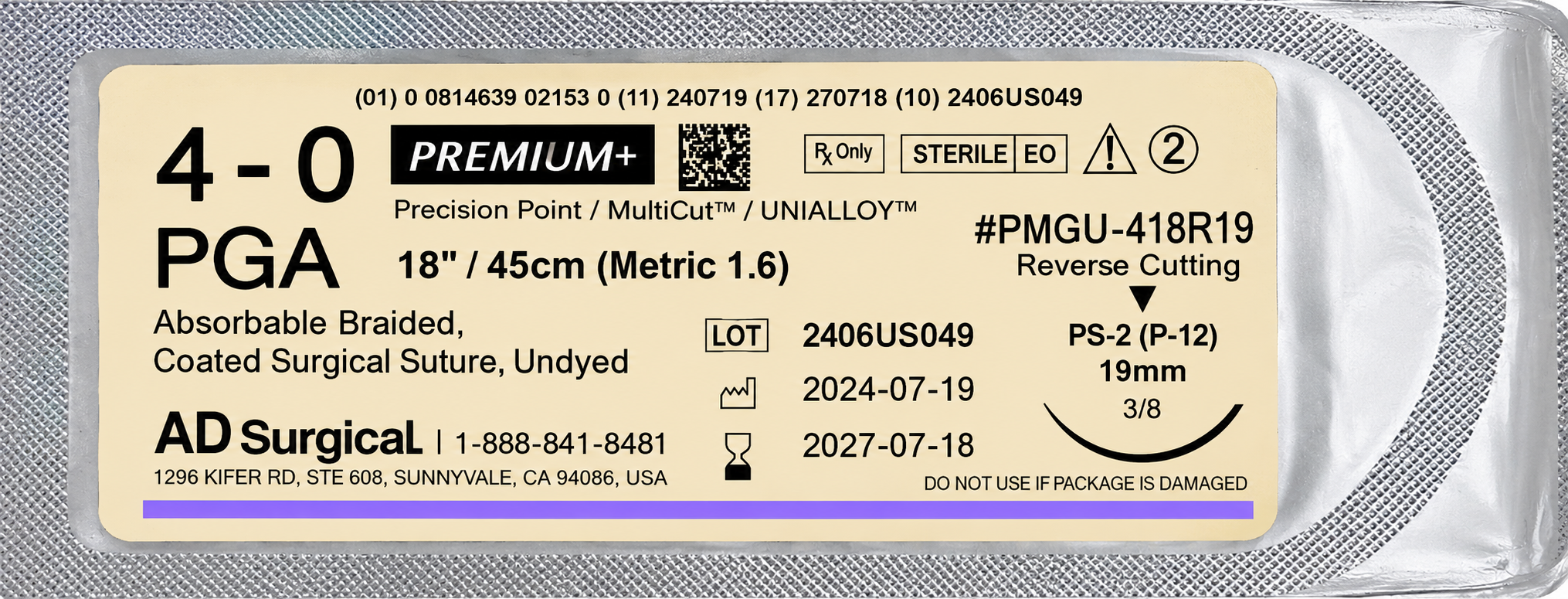 PREMIUM+ PGA 4-0 (PS-2) Absorbable Premium Suture-(Vycryl or Equivalent)