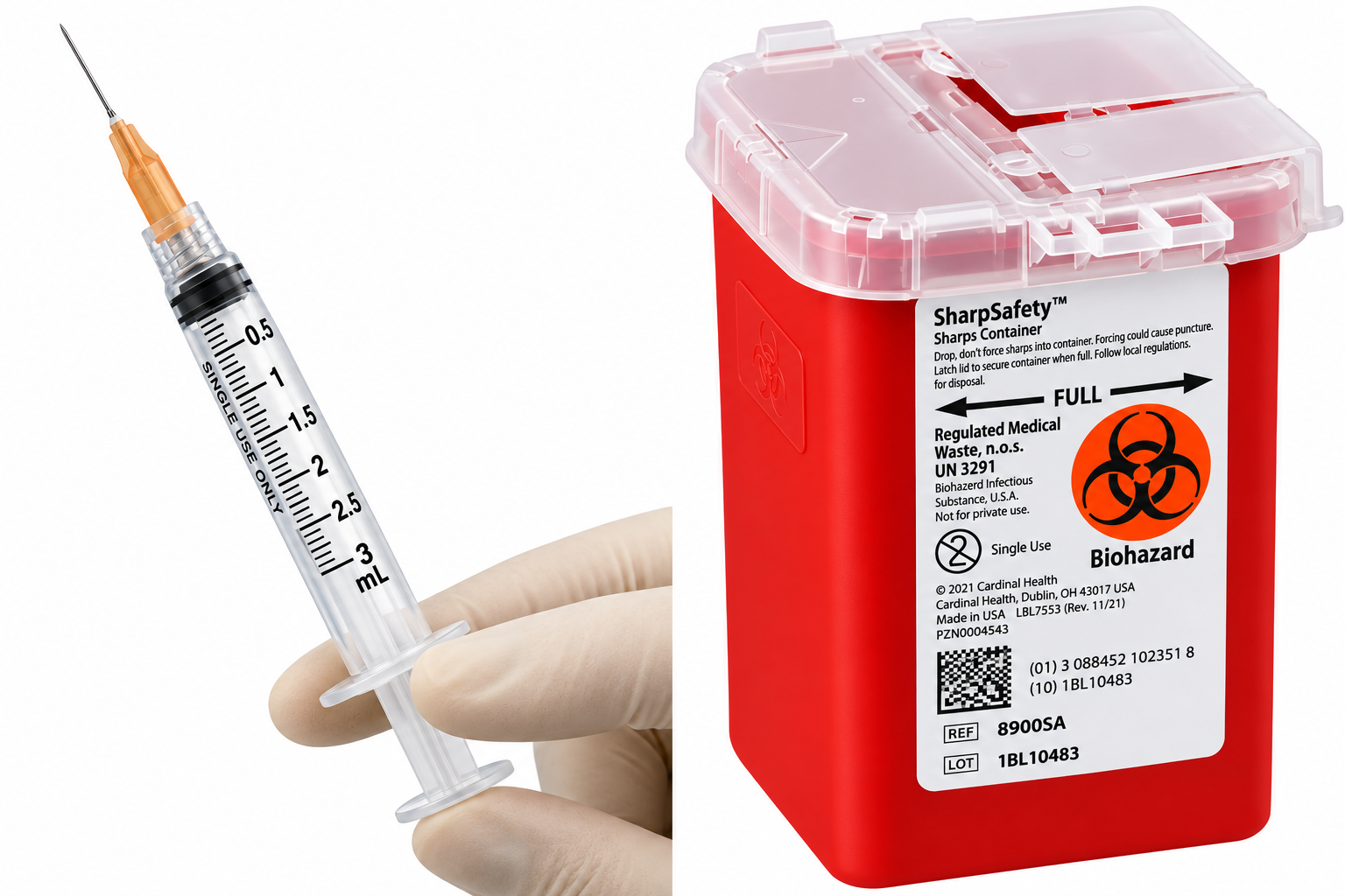 (Needle) Syringe with Safety Hypodermic Needles - 27g x 1-1/4"- with Sharps container-Pack of #5