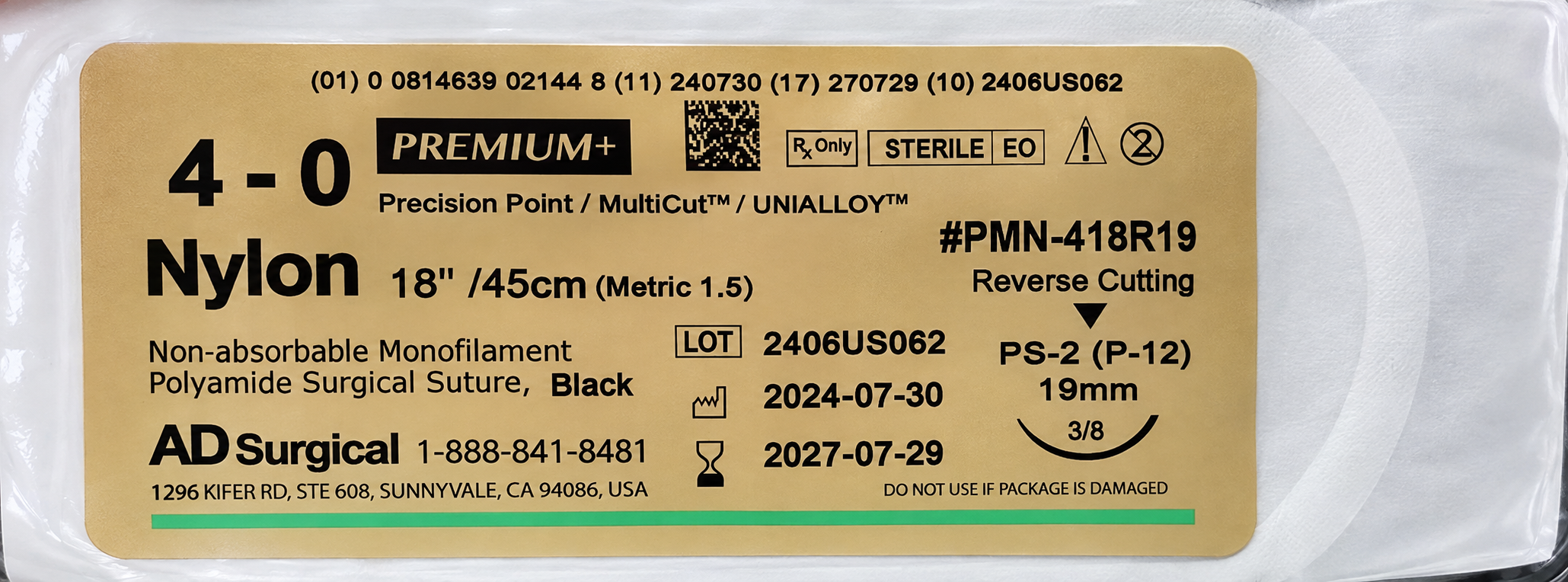 PREMIUM+ 4-0 Nylon suture-Nonabsorbable monofilament-PS-2 (P-12)-Black