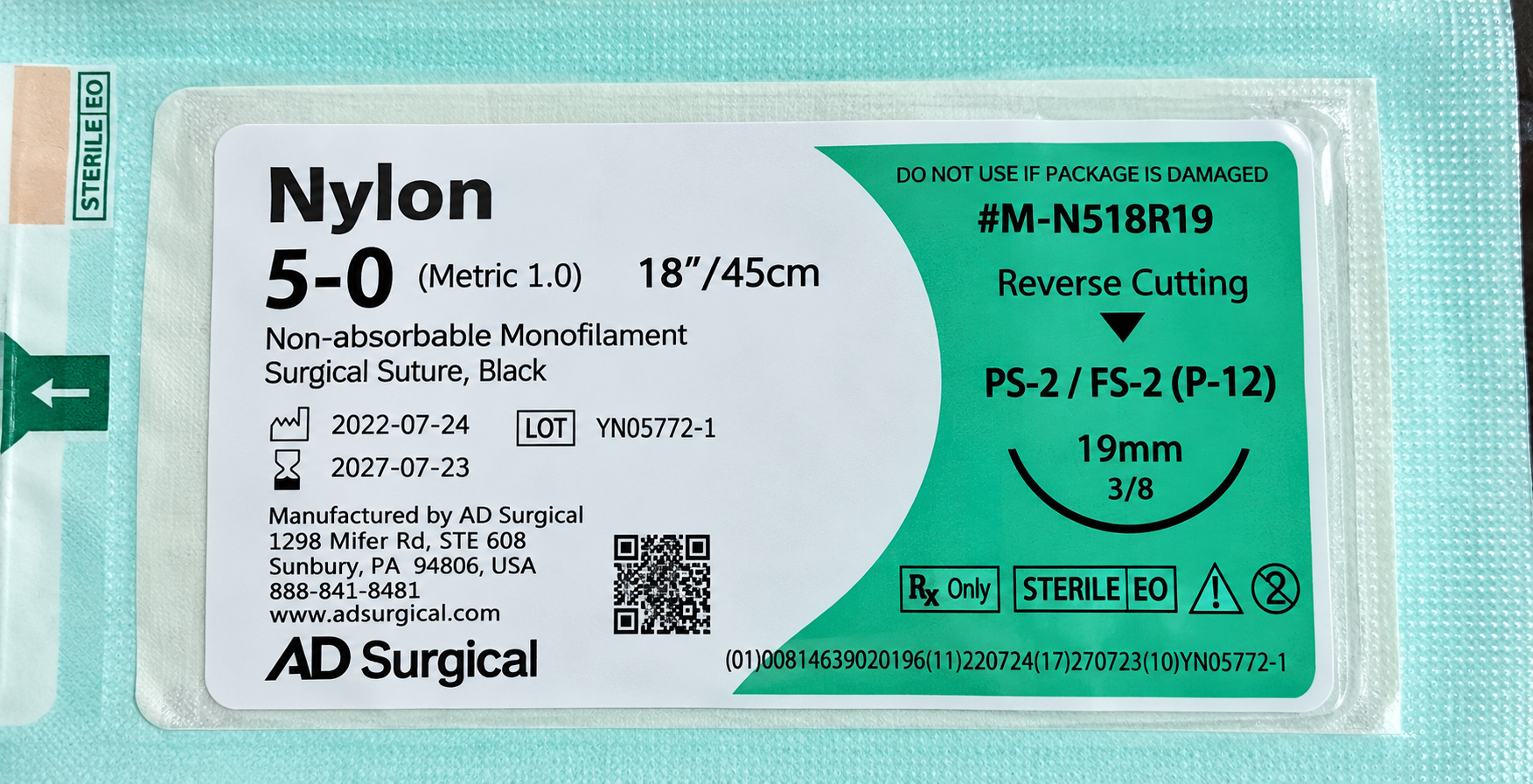 Nylon 5-0 (FS-2 or PS-2)-Standard Non-absorbable suture-Monofilament-Black(equivalent in suture material to Ethicon ETHILON)