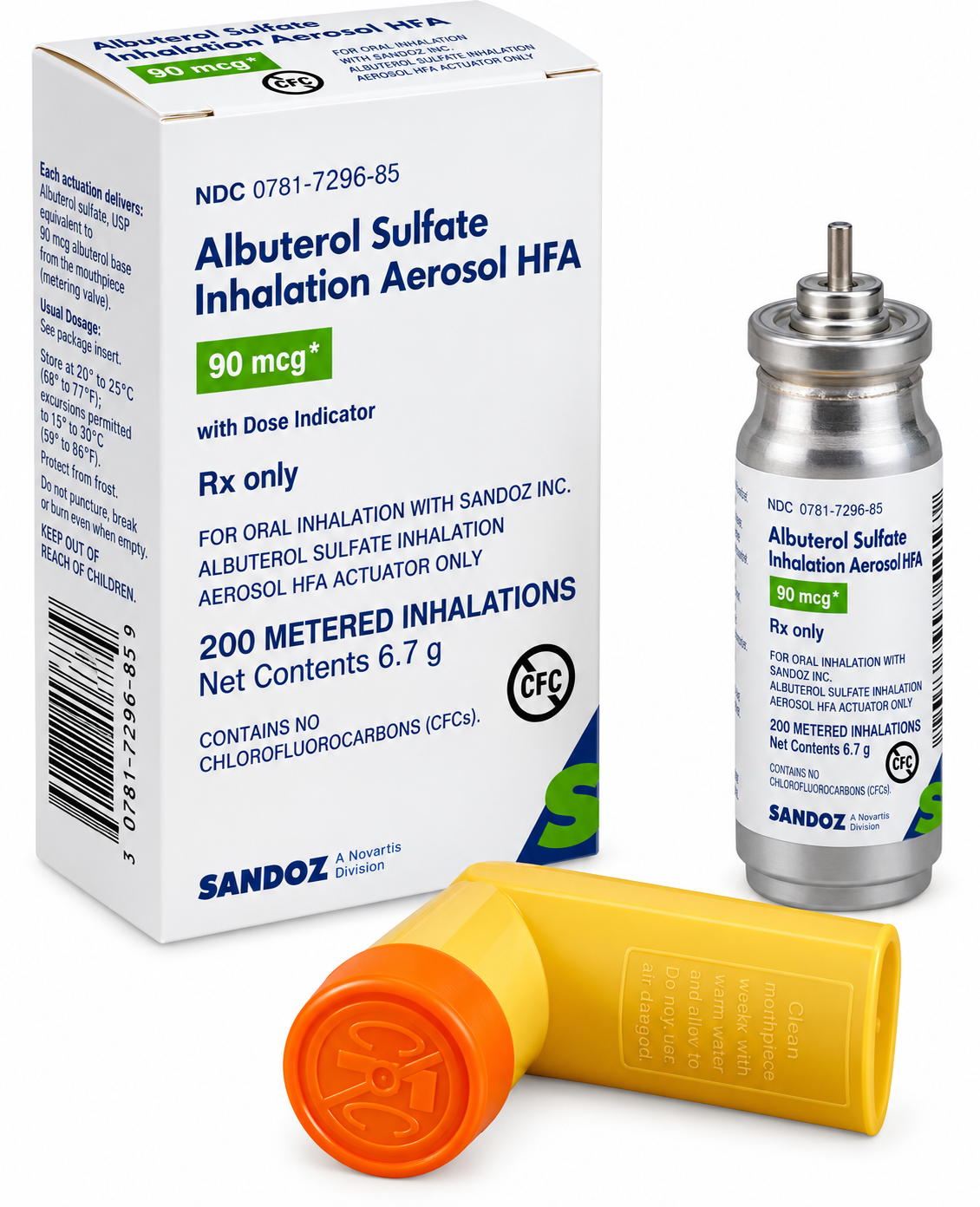 (Proventil) Albuterol Sulfate HFA inhaler 90mcg - 6.7g/200 metered inhalations (NDC: 0781-7296-85 LOT: 115492)