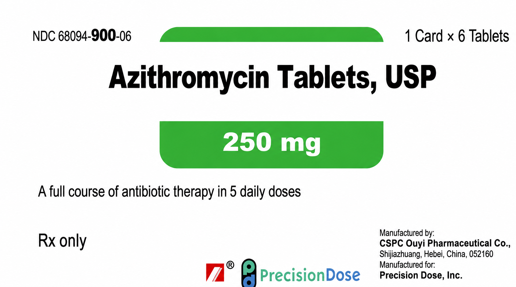 (Z-Pack) Azithromycin 250mg- Unit Dose-#6 tablets (NDC#68094-0900-06 LOT#QYSA25055A