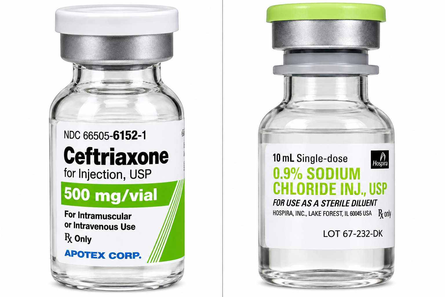(Rocephin) Ceftriaxone Sodium 500mg/ per vial -Powder Injection-Single Use Vial (NDC#60505-6152-1 LOT#6001KFJHK1) + Sodium Chloride 0.9% Injection -Preservative Free -#10mL Single dose vial  (NDC#00409-488-02))