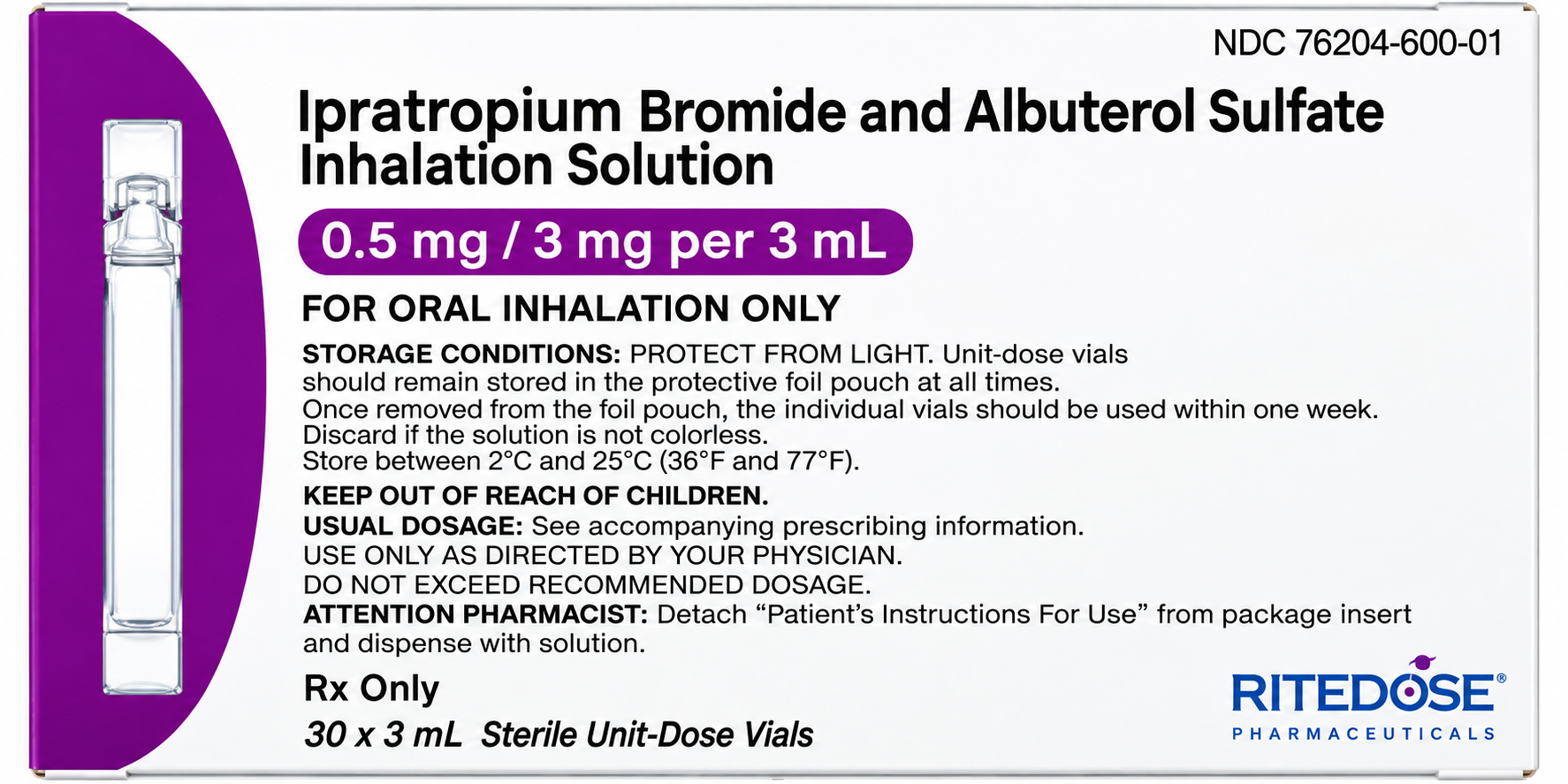 (DuoNeb) Ipratropium Bromide /Albuterol Sulfate Inhalation Solution 0.5/3mg per 3mL -#30/Package (NDC#76204-600-30 LOT#26GAZ)