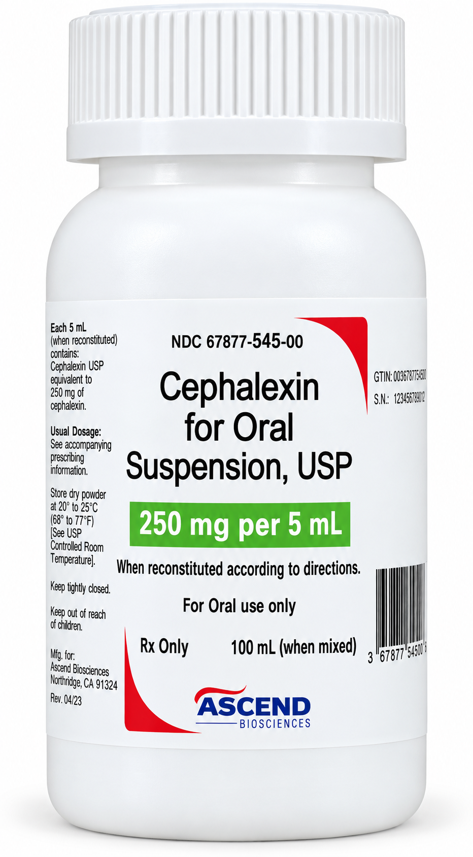 (Keflex) Cephalexin Oral Suspension 250mg/5mL StrawberryFlavor-#100mL (NDC#67877-0545-88 LOT##24144965)