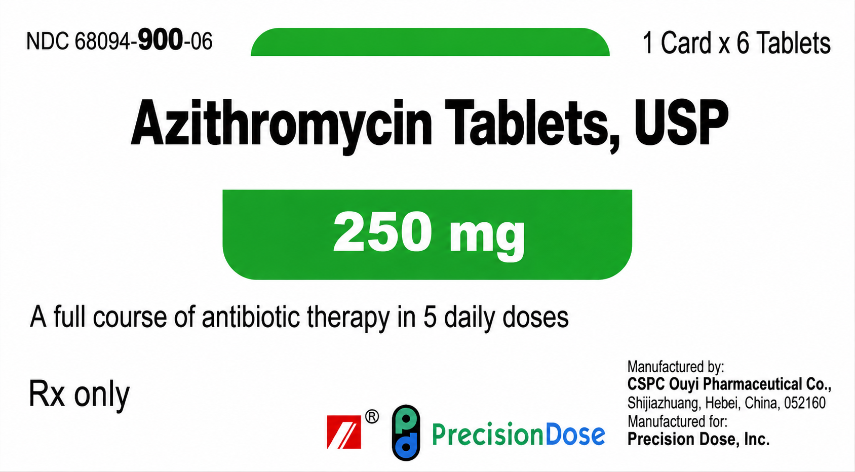 (Z-Pack) Azithromycin 250mg- Unit Dose-#6 tablets (NDC#68094-0900-06 LOT#QYSA25055A