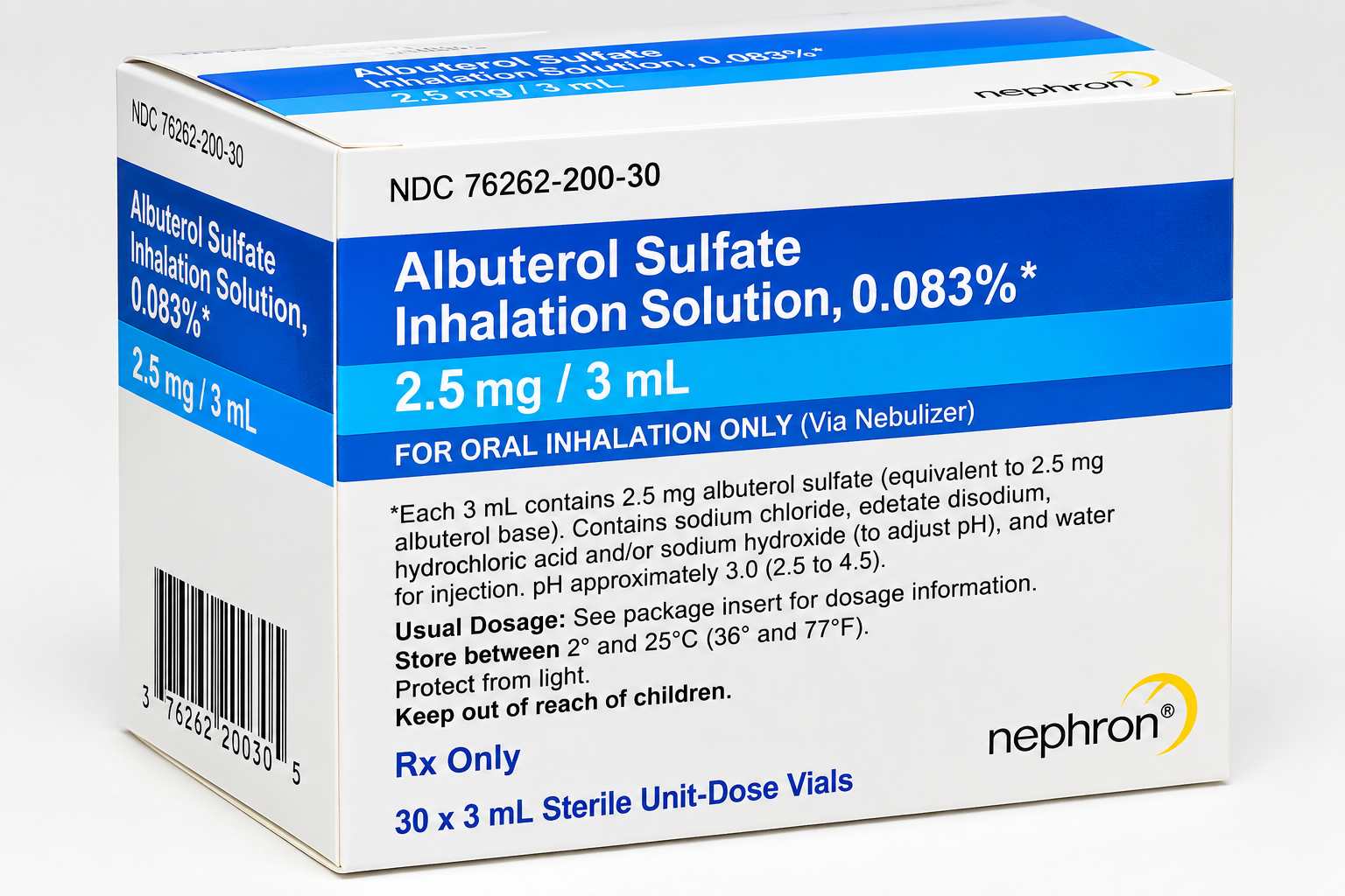 Albuterol Sulfate Inhalation Solution 0.083% Nebulized Vial 3mL - 30 per box (NDC:76204-200-30 LOT:26D01)