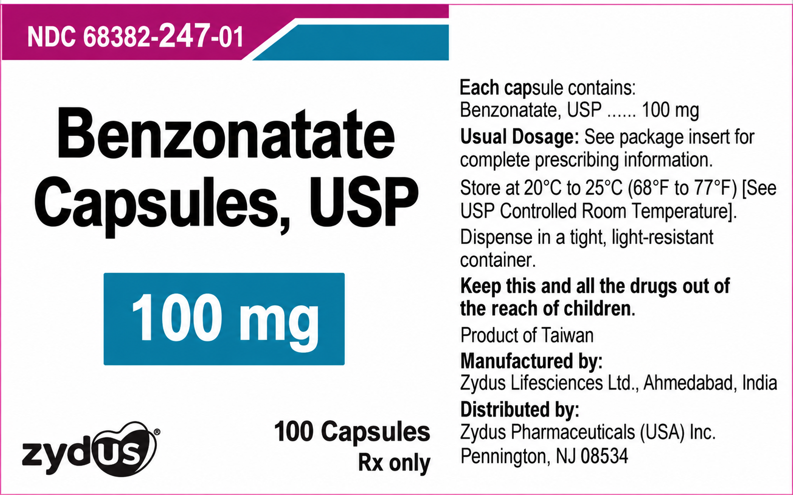 (Tessalon Pearls) Benzonatate 100mg capsules-#100 (NDC-68382-0247-01)