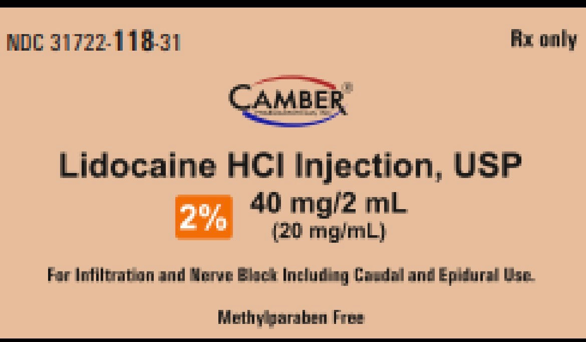 (Xylocaine) Lidocaine HCl Injection 2% Preservative Free  (40mg/2ml/20mg/1mL)- #2ml SDV (NDC-31722-0118-31) lLOT# AS125035OA)