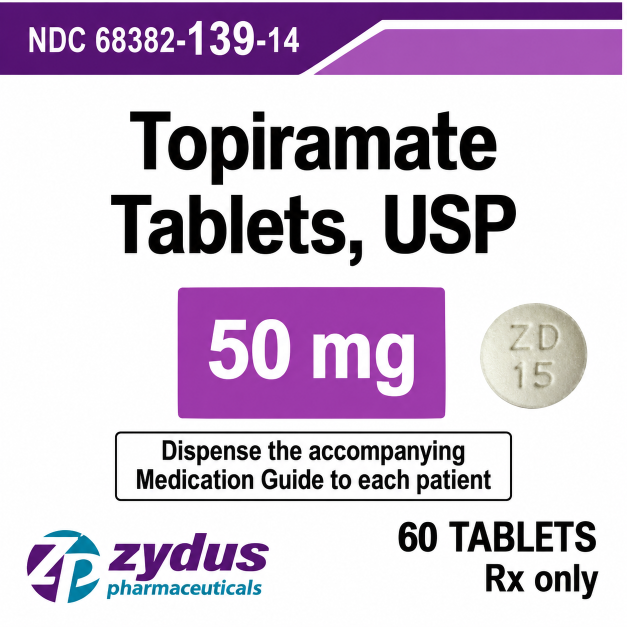 (Topamax) Topiramate Tablets 50mg - 60 Tablets (NDC#68382-139-14 LOT#MA05155A)