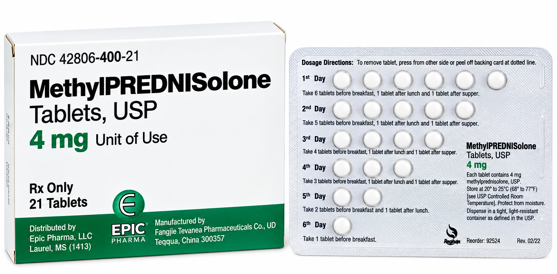 (Medrol Dose Pack) Methylprednisolone Tablets 4mg Unit Dose -#21/Pk (NDC: 42806-400-21 LOT: 260312A)