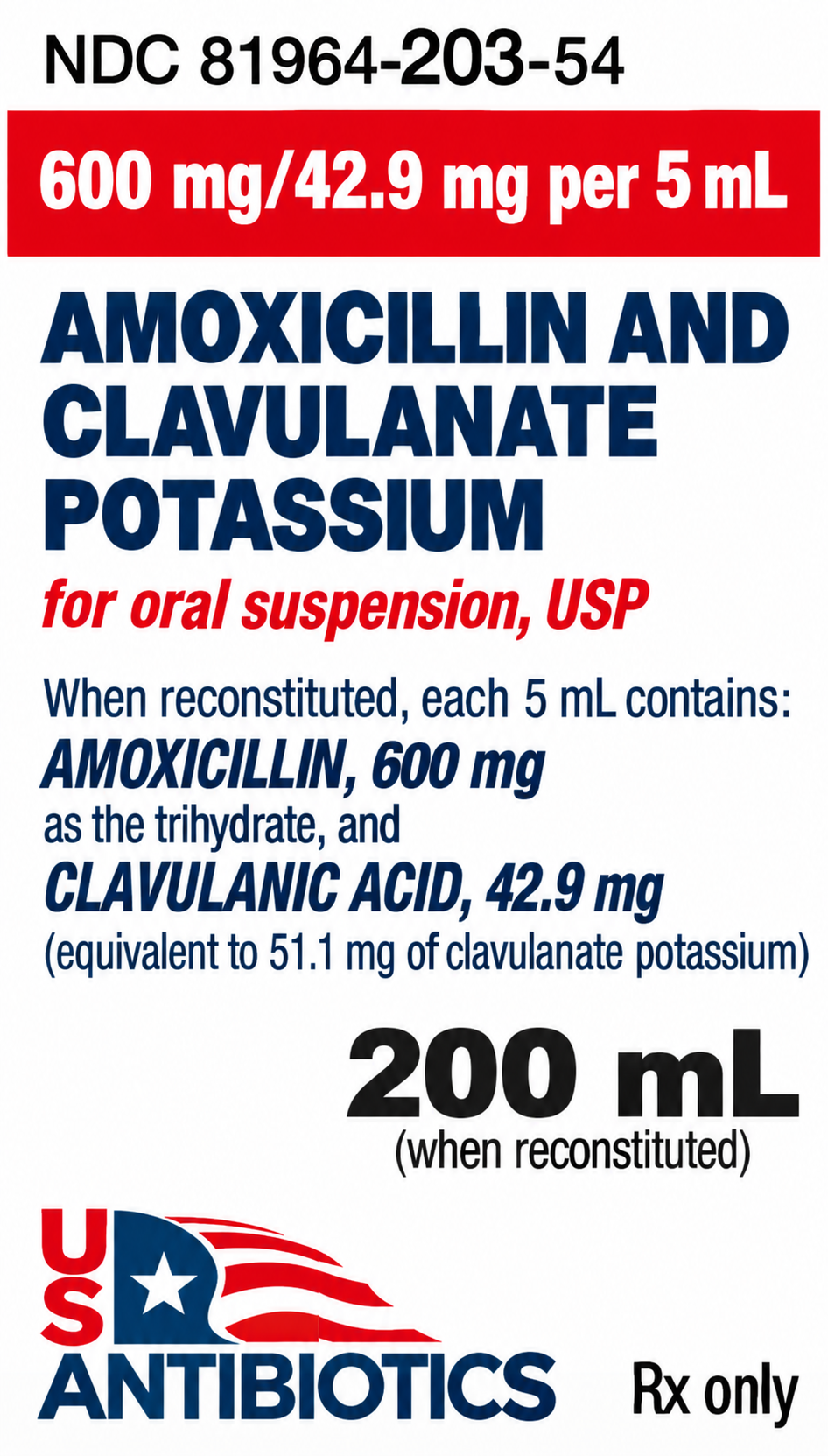 (Augmentin) Amoxicillin and clavulanate potassium 600 mg /42.9 mg per 5mL- Oral Suspension -#200 mL (81964-0203-54)