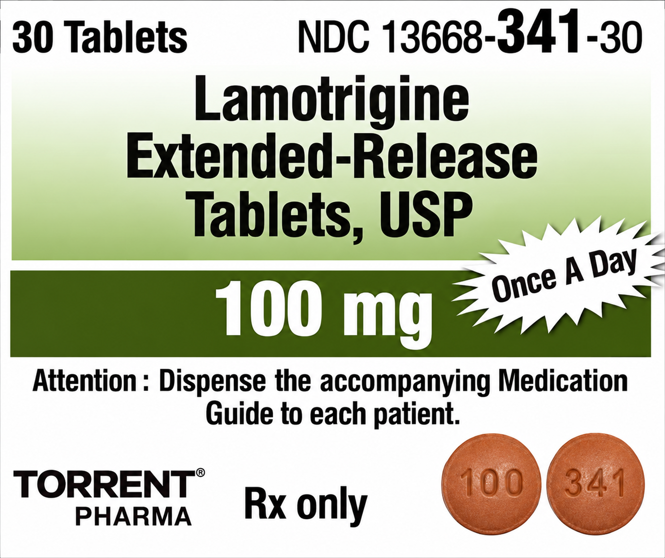 (Lamictal XR) Lamotrigine ER 100mg-#30 tablets (NDC : 13668-0341-30 LOT BGW6M014)