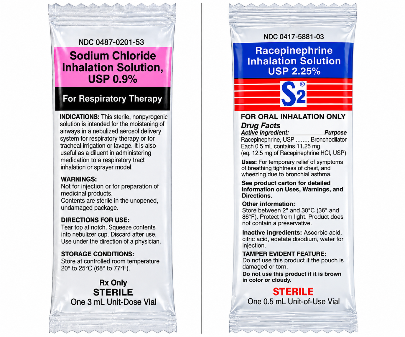 S-2 Racepinephrine Inhalation Solution 2.25% SINGLE 0.5% mL PACKET (NDC#0487-5901-99)+ Sodium Chloride Inhalation Solution 0.9% SINGLE 3mL AMPULE (NDC#00487930133)