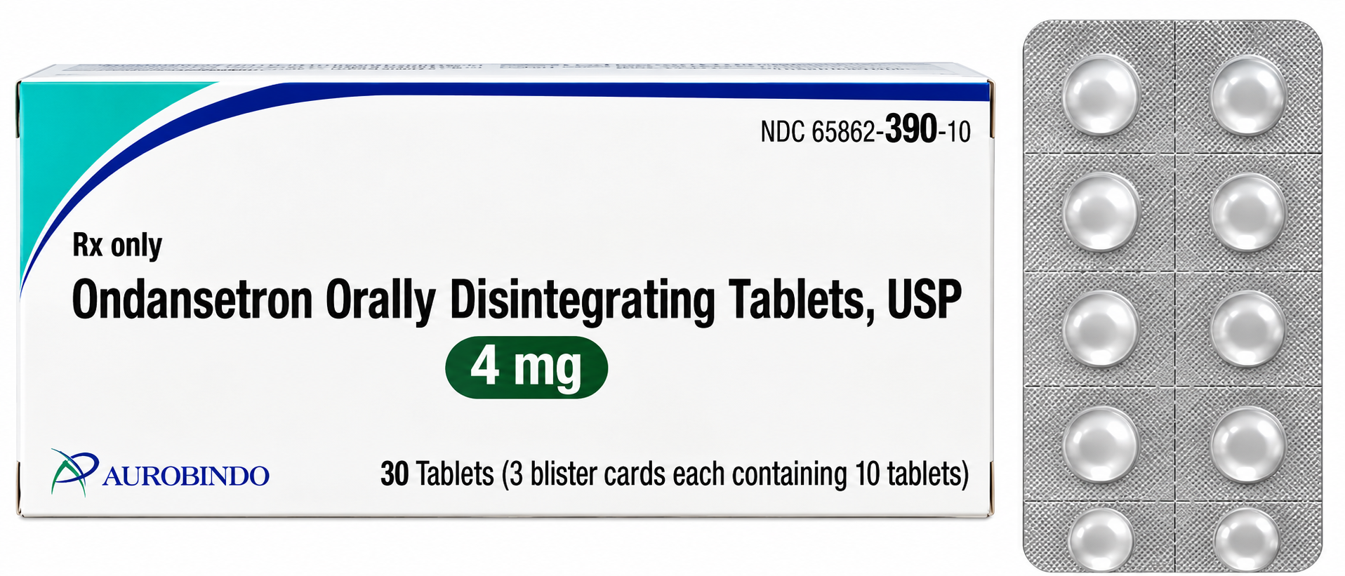 (Zofran ODT) Ondansetron Orally Disintegrating Tablets 4mg- #30 (NDC# 65862-390-10 LOT# ODA25063A)