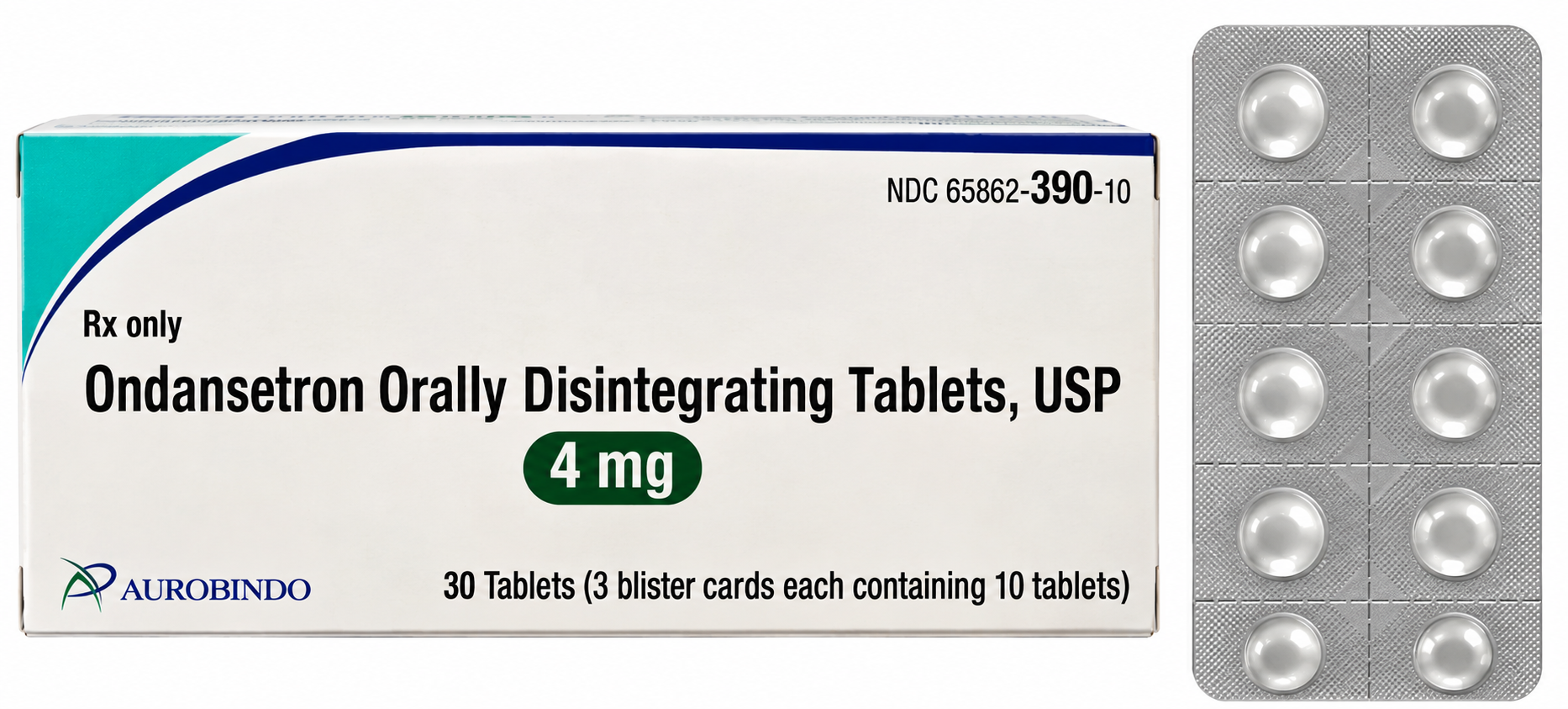 (Zofran ODT) Ondansetron Orally Disintegrating Tablets 4mg- #30 (NDC# 65862-390-10 LOT# ODA25063A)