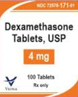 Dexamethasone (Decadron) Tablets 4mg-#100 tablets (NDC#725878-0171-01 LOT#ZA00049A)