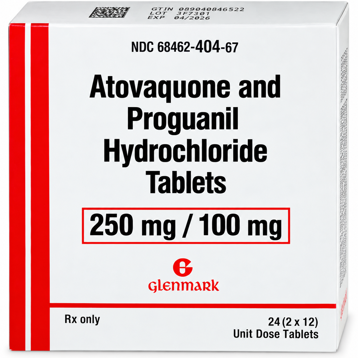 (Malarone) Atovaquone/Proguanil HCL 250/100mg-#24 Unit Dose tablets (NDC#  68462-0404-67 LOT# 19253157)