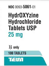 (Atarax) Hydroxyzine HCL 25mg tablets- #100 (NDC# 00093-5061-01 LOT# 9189105)