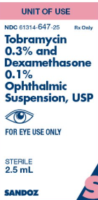 Tobramycin Dexamethasone Ophthalmic Suspension 0.3/0.1%- 2.5mL bottle (NDC#61314-647-25 LOT#VTK65A)