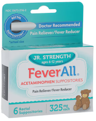 Acetaminophen 325mg Junior Suppository- #6 suppositories per box (NDC# 51672211602)