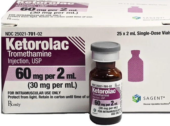 (Toradol) Ketorolac Tromethamine IM ONLY Injection- 60mg/2mL (30mg/mL) SDV- #2mL Single Vial (NDC# 25021-0701-02 LOT#G2020075)
