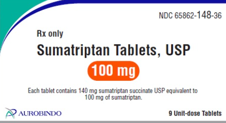 (Imitrex) Sumatriptan Tablets 100mg Unit Dose - 9 Tablets (NDC#65862-0148-36 LOT#SQC25001A)
