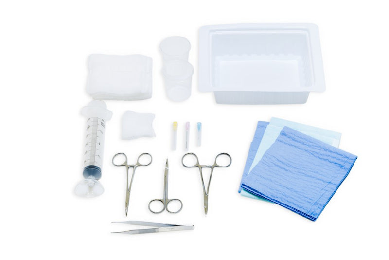 suture tray, laceration tray, needles, drapes, syringe, gauze, suturing instruments, needle driver, forceps, suture scissors